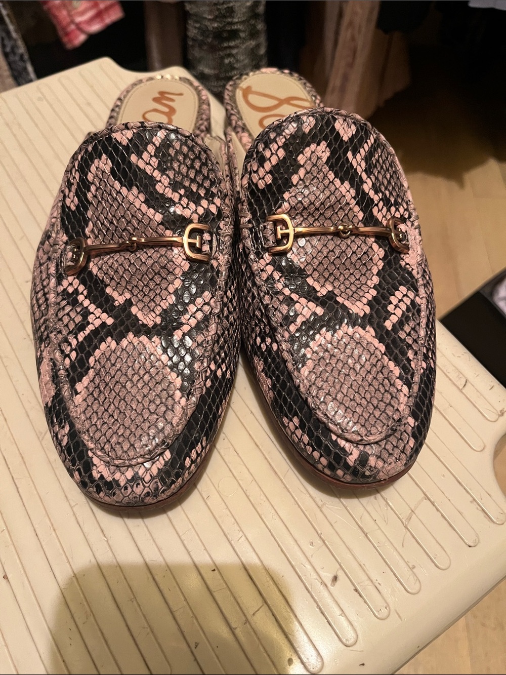 Sam Edelman Pink and Black Snakeskin Mule Loafers with Gold Bit